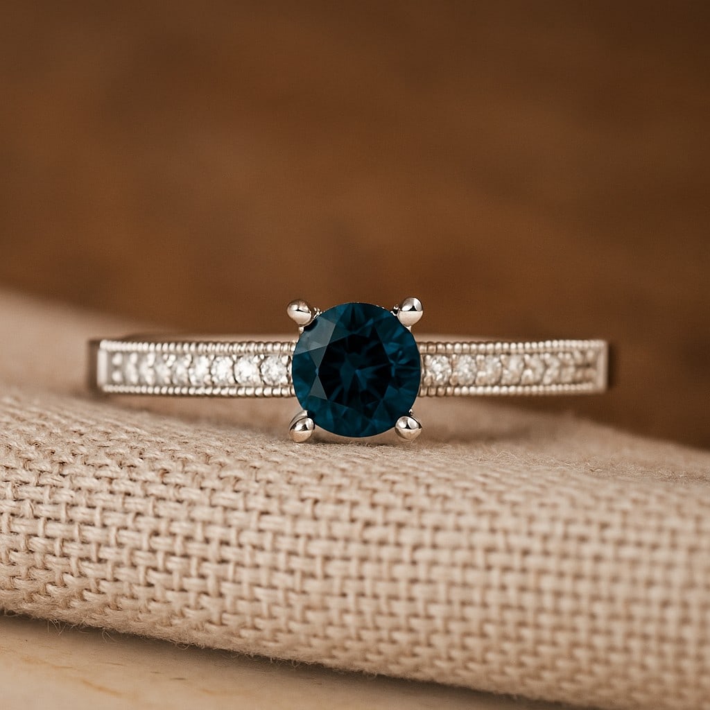 Natural London Blue Topaz Gemstone & Lab Grown Diamonds Silver Ring: Natural London Blue Topaz Gemstone & Lab Grown Diamonds Silver Ring Jewelry Type : Ring Gemstone : Natural London Blue Topaz Gemstone Shape : Round Gemstone Size : 5 MM Gemstone Quantity : 1 Piece<