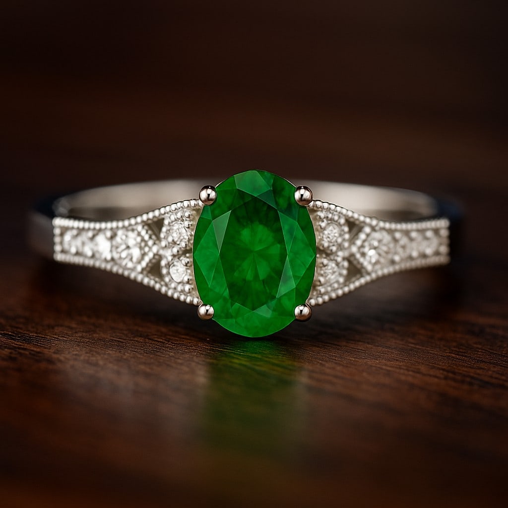 Lab Grown Emerald & Diamonds Silver Ring: Lab Grown Emerald & Diamonds Silver Ring Jewelry Type : Ring Gemstone : Lab Grown Emerald Gemstone Shape : Oval Gemstone Size : 7x5 MM Gemstone Quantity : 1 Piece Diamond Type : Lab Grown