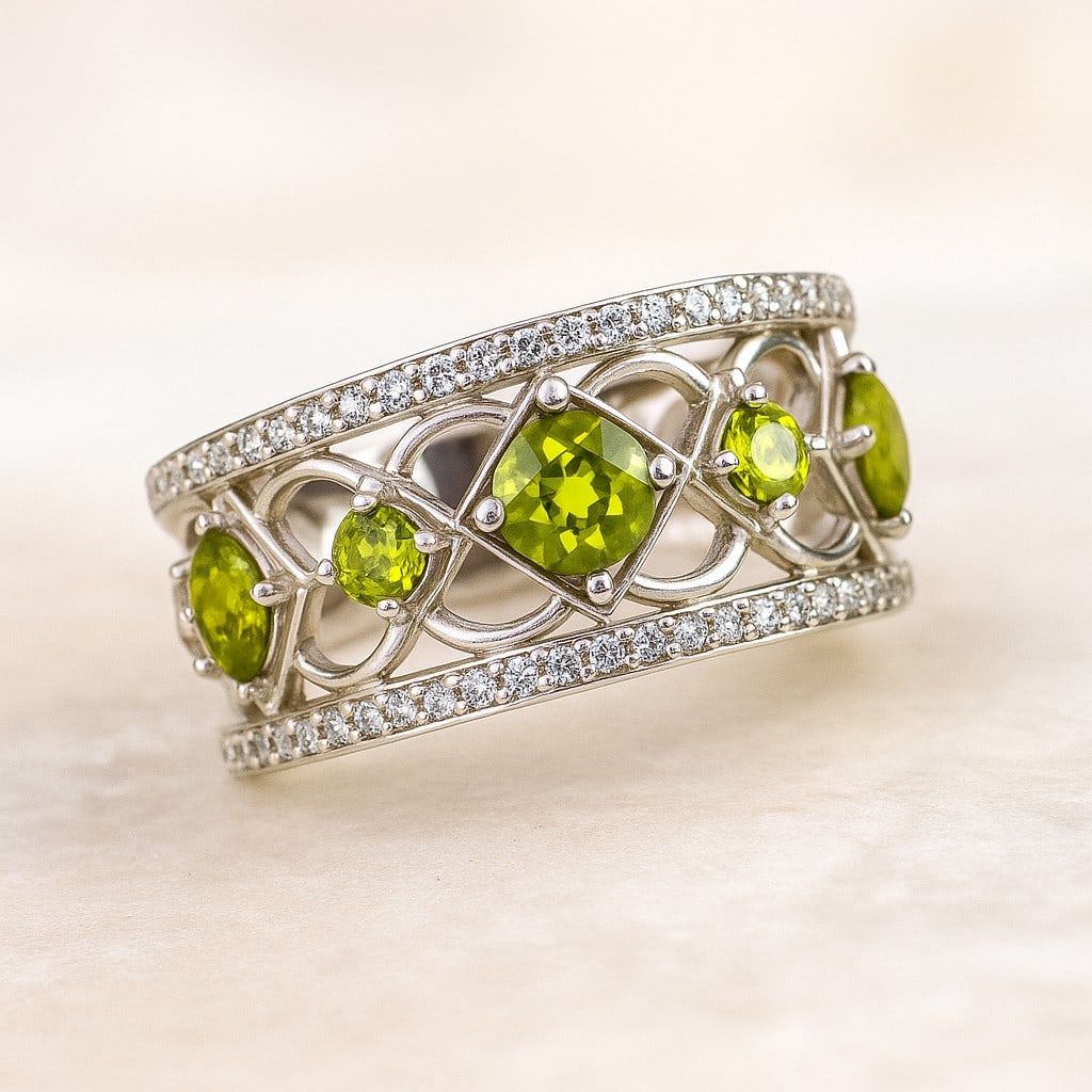 Natural Peridot Gemstone & Lab Grown Diamonds Silver Ring: Natural Peridot Gemstone & Lab Grown Diamonds Silver Ring Jewelry Type : Ring Gemstone : Natural Peridot Gemstone Shape : Round Gemstone Size : 4 MM, 2.5 MM Gemstone Quantity : 3 Pieces, 2 Pieces
