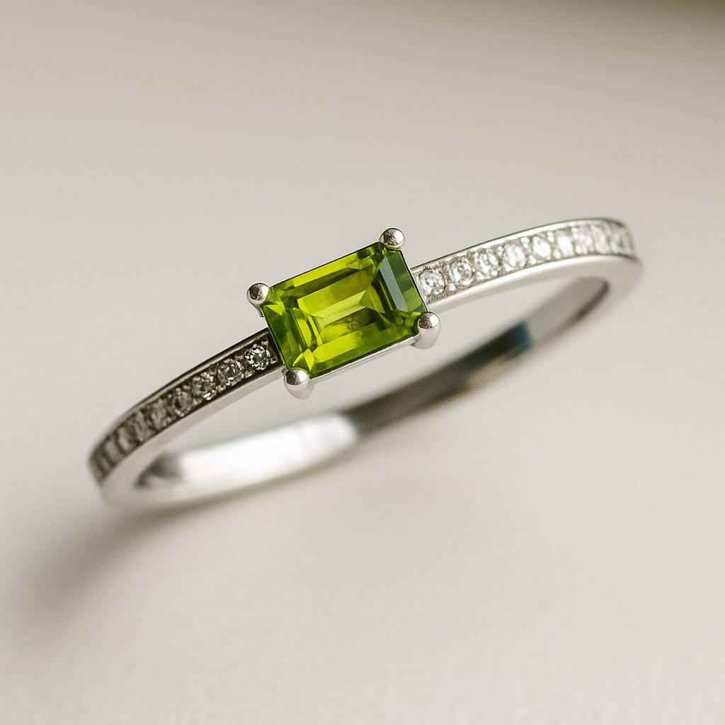 Natural Peridot Gemstone & Lab Grown Diamonds Silver Ring: Natural Peridot Gemstone & Lab Grown Diamonds Silver Ring Jewelry Type : Ring Gemstone : Natural Peridot Gemstone Shape : Emerald Gemstone Size : 5x3 MM Gemstone Quantity : 1 Piece Diamond Type : Lab