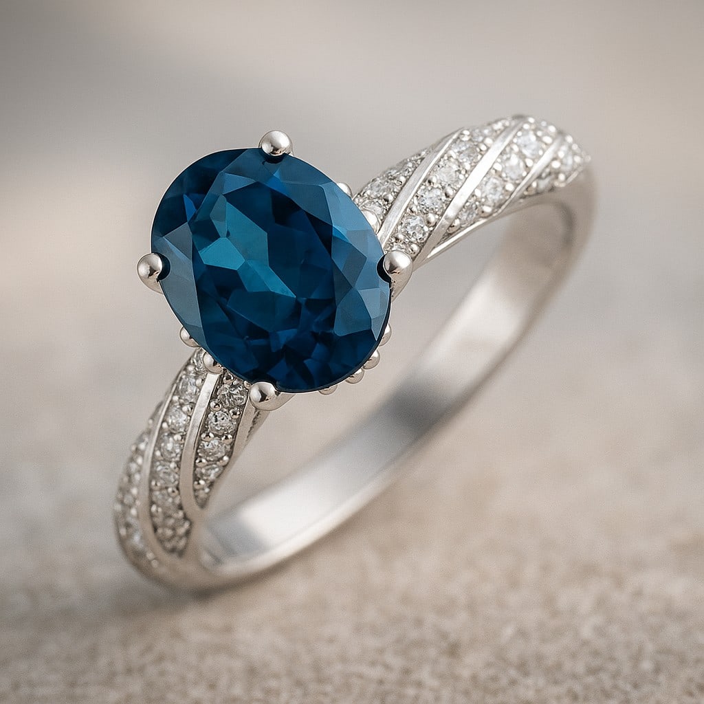 Natural London Blue Topaz Gemstone & Lab Grown Diamonds Silver Ring: Natural London Blue Topaz Gemstone & Lab Grown Diamonds Silver Ring Jewelry Type : Ring Gemstone : Natural London Blue Topaz Gemstone Shape : Oval Gemstone Size : 8x6 MM Gemstone Quantity : 1 Piece