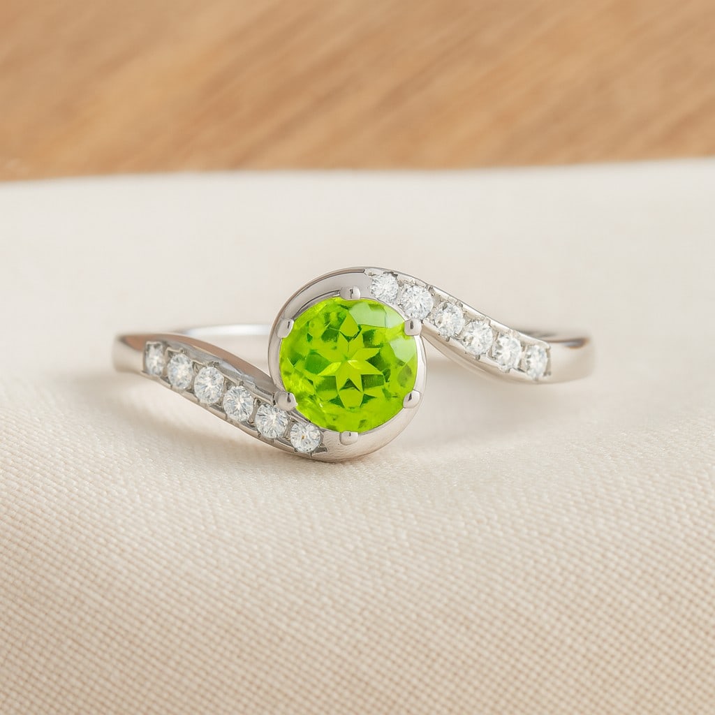 Natural Peridot Gemstone & Lab Grown Diamonds Silver Ring: Natural Peridot Gemstone & Lab Grown Diamonds Silver Ring Jewelry Type : Ring Gemstone : Natural Peridot Gemstone Shape : Round Gemstone Size : 6 MM Gemstone Quantity : 1 Piece Diamond Type : Lab