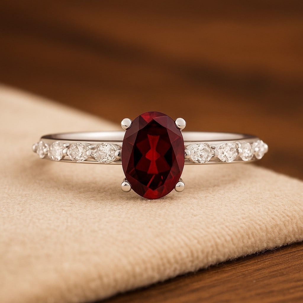 Natural Garnet Gemstone & Lab Grown Diamonds Silver Ring: Natural Garnet Gemstone & Lab Grown Diamonds Silver Ring Jewelry Type : Ring Gemstone : Natural Garnet Gemstone Shape : Oval Gemstone Size : 7x5 MM Gemstone Quantity : 1 Piece Diamond Type : Lab