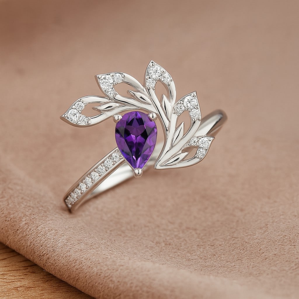 Natural Amethyst Gemstone & Lab Grown Diamonds Silver Ring: Natural Amethyst Gemstone & Lab Grown Diamonds Silver Ring Jewelry Type : Ring Gemstone : Natural Amethyst Gemstone Shape : Pear Gemstone Size : 6x4 MM Gemstone Quantity : 1 Piece Diamond Ty