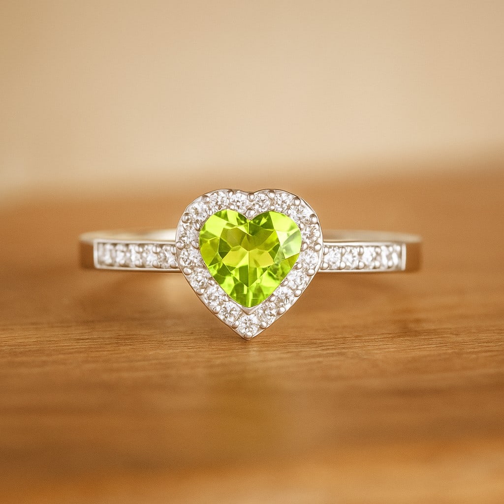 Natural Peridot Gemstone & Lab Grown Diamonds Silver Ring: Natural Peridot Gemstone & Lab Grown Diamonds Silver Ring Jewelry Type : Ring Gemstone : Natural Peridot Gemstone Shape : Heart Gemstone Size : 6 MM Gemstone Quantity : 1 Piece Diamond Type