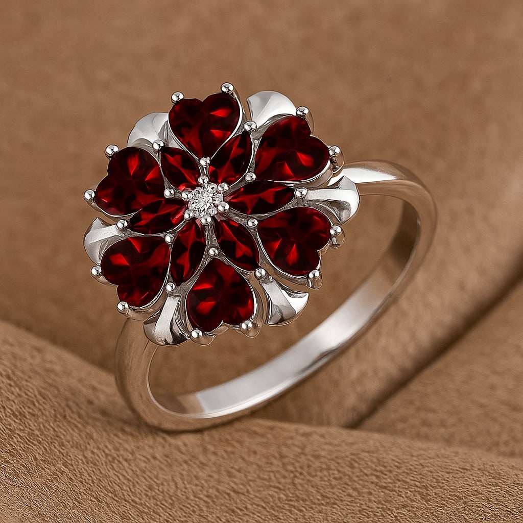Natural Garnet Gemstone & Lab Grown Diamonds Silver Ring (1 of 7)