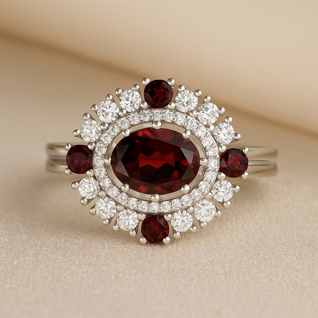 Natural Garnet Gemstone & Lab Grown Diamonds Silver Ring: Natural Garnet Gemstone & Lab Grown Diamonds Silver Ring Jewelry Type : Ring Gemstone : Natural Garnet Gemstone Shape : Oval, Round Gemstone Size : 8x6 MM, 2.5 MM Gemstone Quantity : 1 Piece, 4 Pie