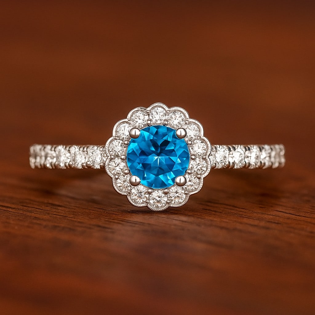 Natural Swiss Blue Topaz Gemstone & Lab Grown Diamonds Silver Ring: Natural Swiss Blue Topaz Gemstone & Lab Grown Diamonds Silver Ring Jewelry Type : Ring Gemstone : Natural Swiss Blue Topaz Gemstone Shape : Round Gemstone Size : 5x5 MM Gemstone Quantity : 1 Piece<