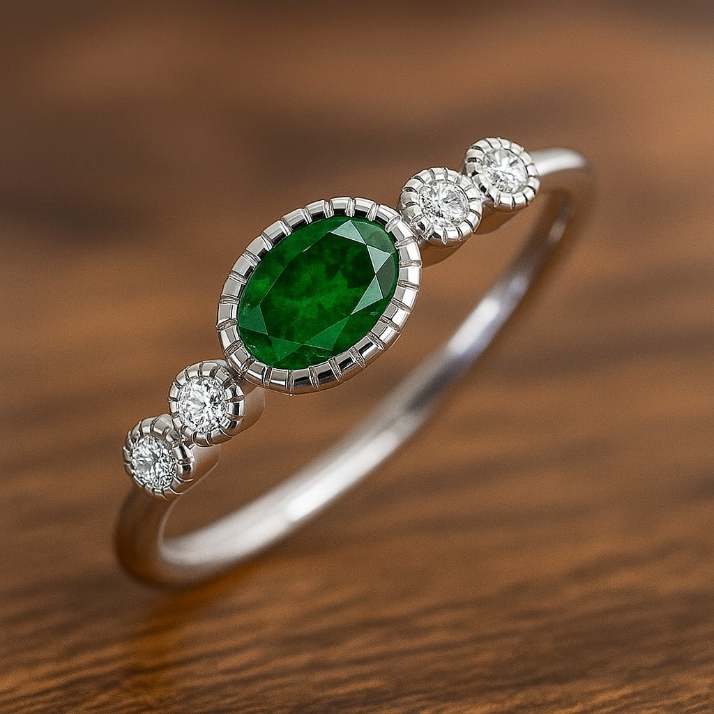 Lab Grown Emerald & Diamonds Silver Ring: Lab Grown Emerald & Diamonds Silver Ring Jewelry Type : Ring Gemstone : Lab Grown Emerald Gemstone Shape : Oval Gemstone Size : 6x4 MM Gemstone Quantity : 1 Piece Diamond Type : Lab Grown