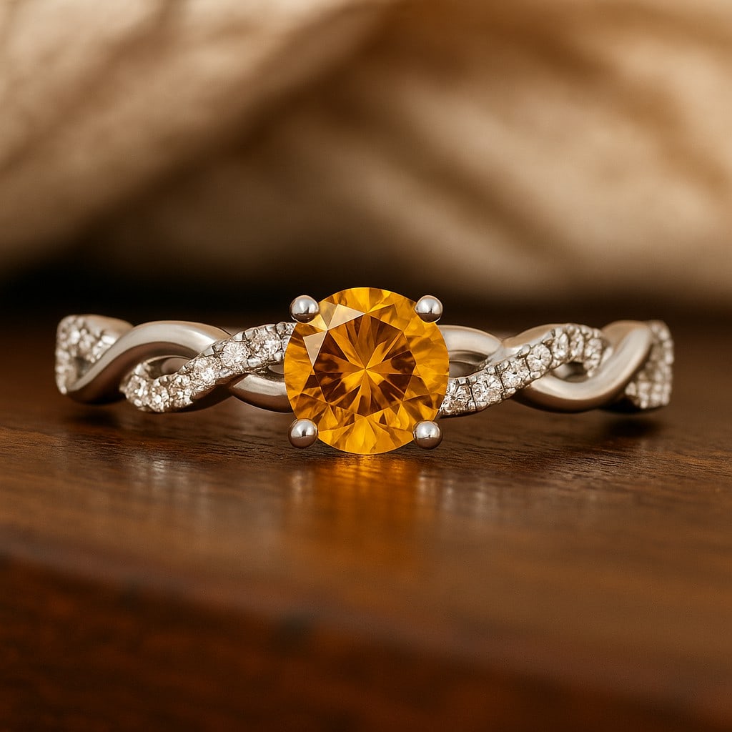 Natural Citrine Gemstone & Lab Grown Diamonds Silver Ring: Natural Citrine Gemstone & Lab Grown Diamonds Silver Ring Jewelry Type : Ring Gemstone : Natural Citrine Gemstone Shape : Round Gemstone Size : 5 MM Gemstone Quantity : 1 Piece Diamond Type : Lab