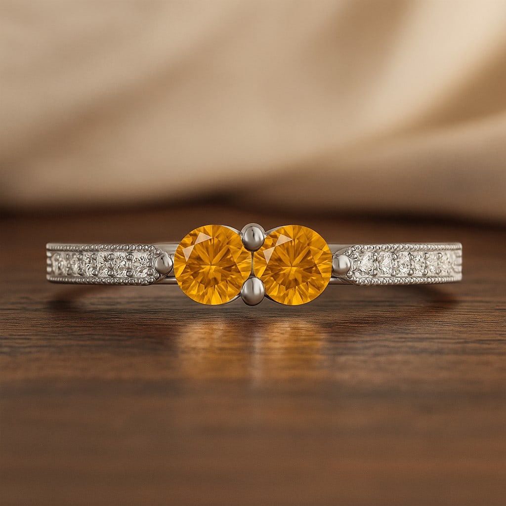Natural Citrine Gemstone & Lab Grown Diamonds Silver Ring: Natural Citrine Gemstone & Lab Grown Diamonds Silver Ring Jewelry Type : Ring Gemstone : Natural Citrine Gemstone Shape : Round Gemstone Size : 4 MM Gemstone Quantity : 2 Pieces Diamond Type : Lab