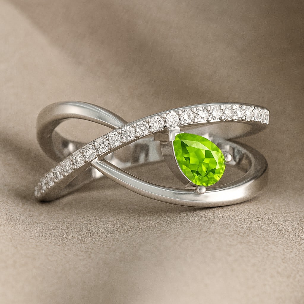 Natural Peridot Gemstone & Lab Grown Diamonds Silver Ring (1 of 7)