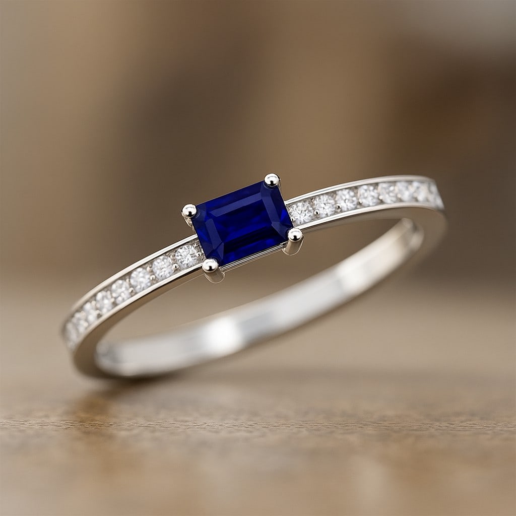 Natural Blue Sapphire Gemstone & Lab Grown Diamonds Silver Ring: Natural Blue Sapphire Gemstone & Lab Grown Diamonds Silver Ring Jewelry Type : Ring Gemstone : Natural Blue Sapphire Gemstone Shape : Emerald Gemstone Size : 5x3 MM Gemstone Quantity : 1 Piece<
