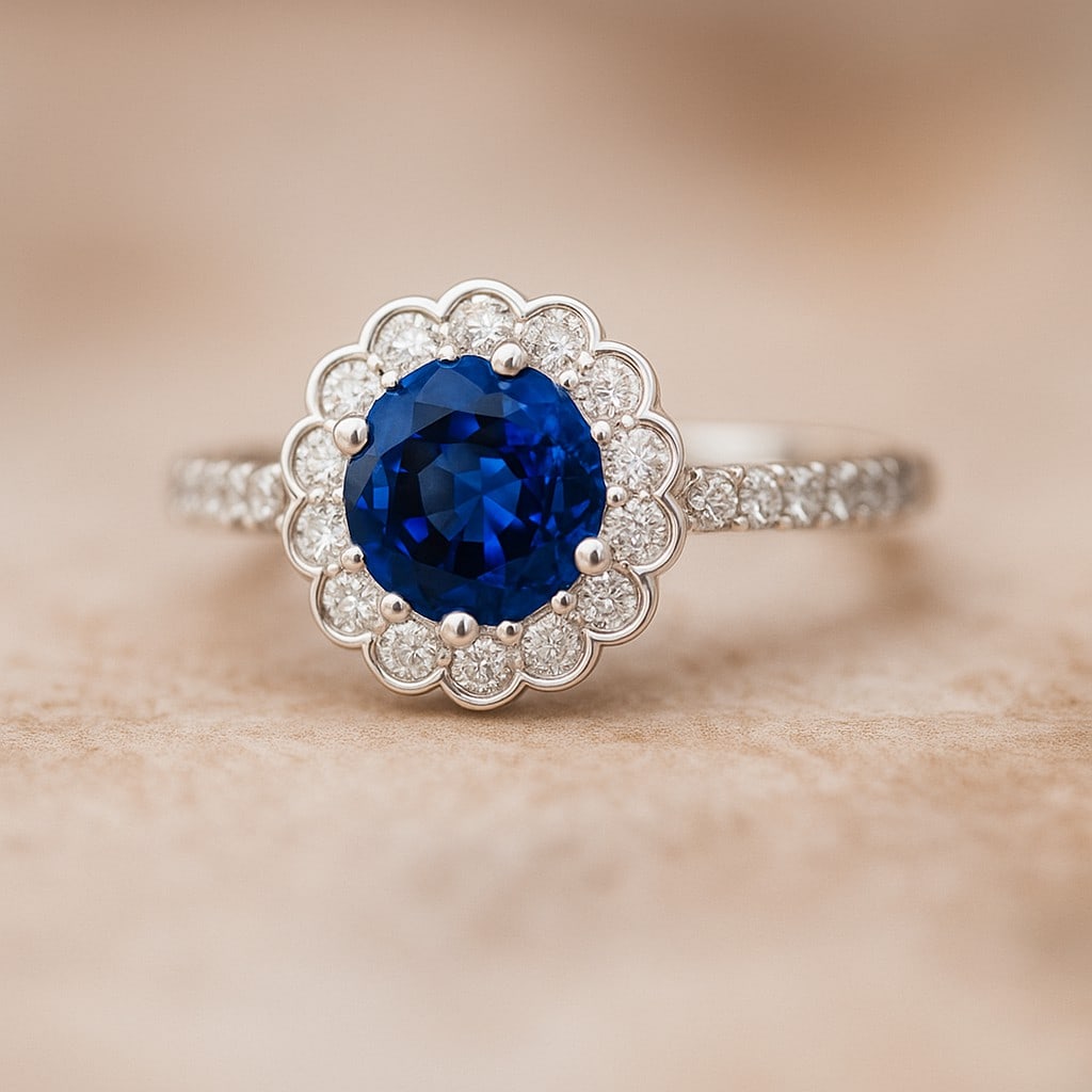 Natural Blue Sapphire Gemstone & Lab Grown Diamonds Silver Ring: Natural Blue Sapphire Gemstone & Lab Grown Diamonds Silver Ring Jewelry Type : Ring Gemstone : Natural Blue Sapphire Gemstone Shape : Round Gemstone Size : 7 MM Gemstone Quantity : 1 Piece D