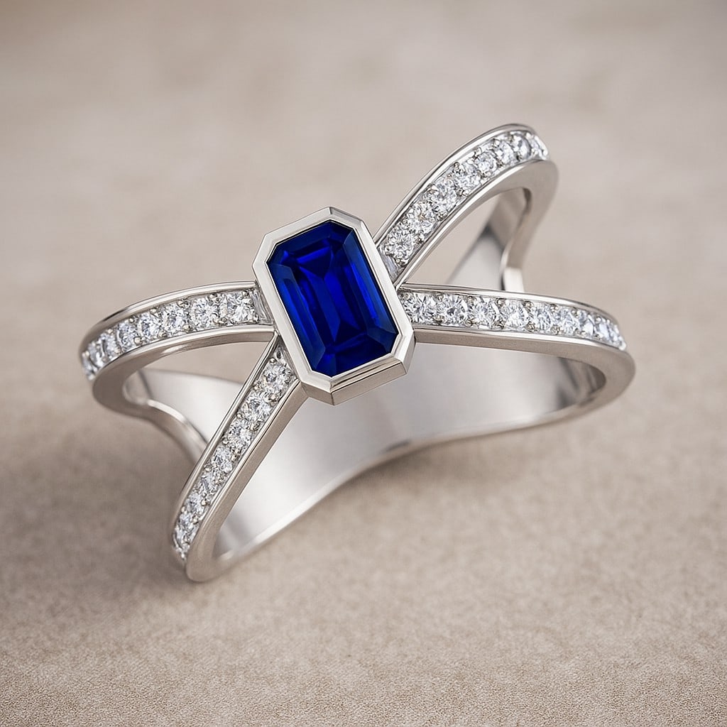 Natural Blue Sapphire Gemstone & Lab Grown Diamonds Silver Ring (1 of 7)