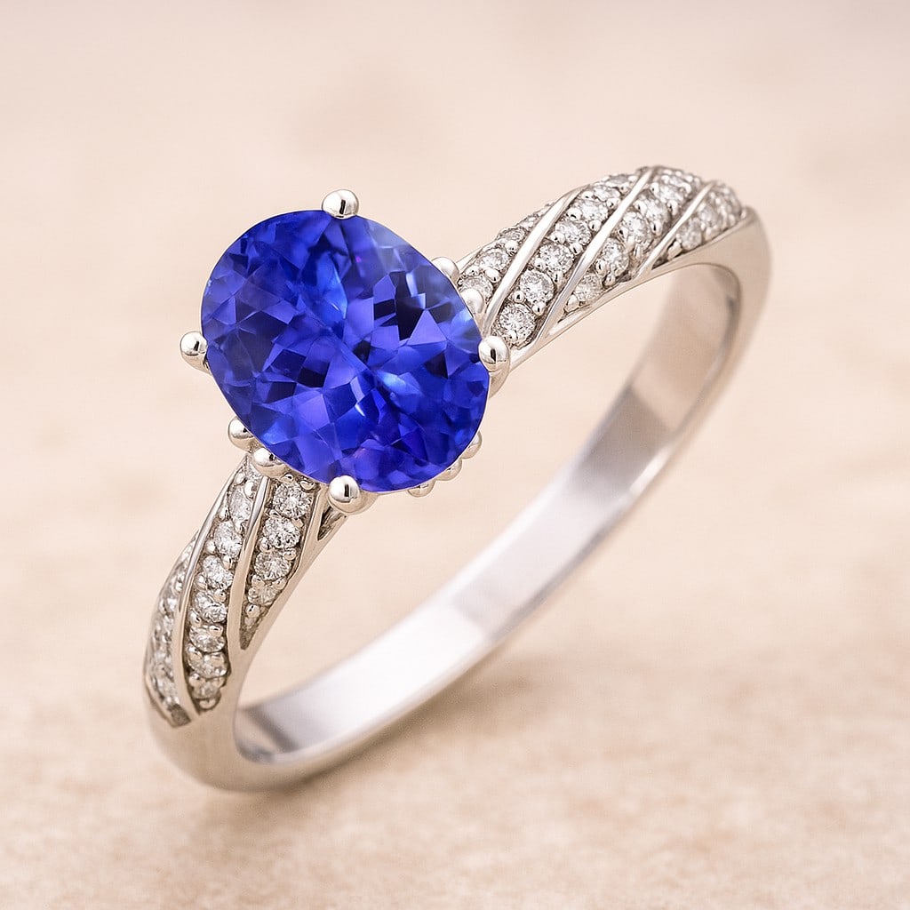 Natural Tanzanite Gemstone & Lab Grown Diamonds Silver Ring (1 of 7)