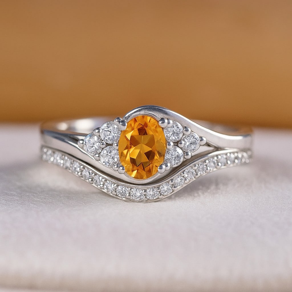 Natural Citrine Gemstone & Lab Grown Diamonds Silver Ring (1 of 7)