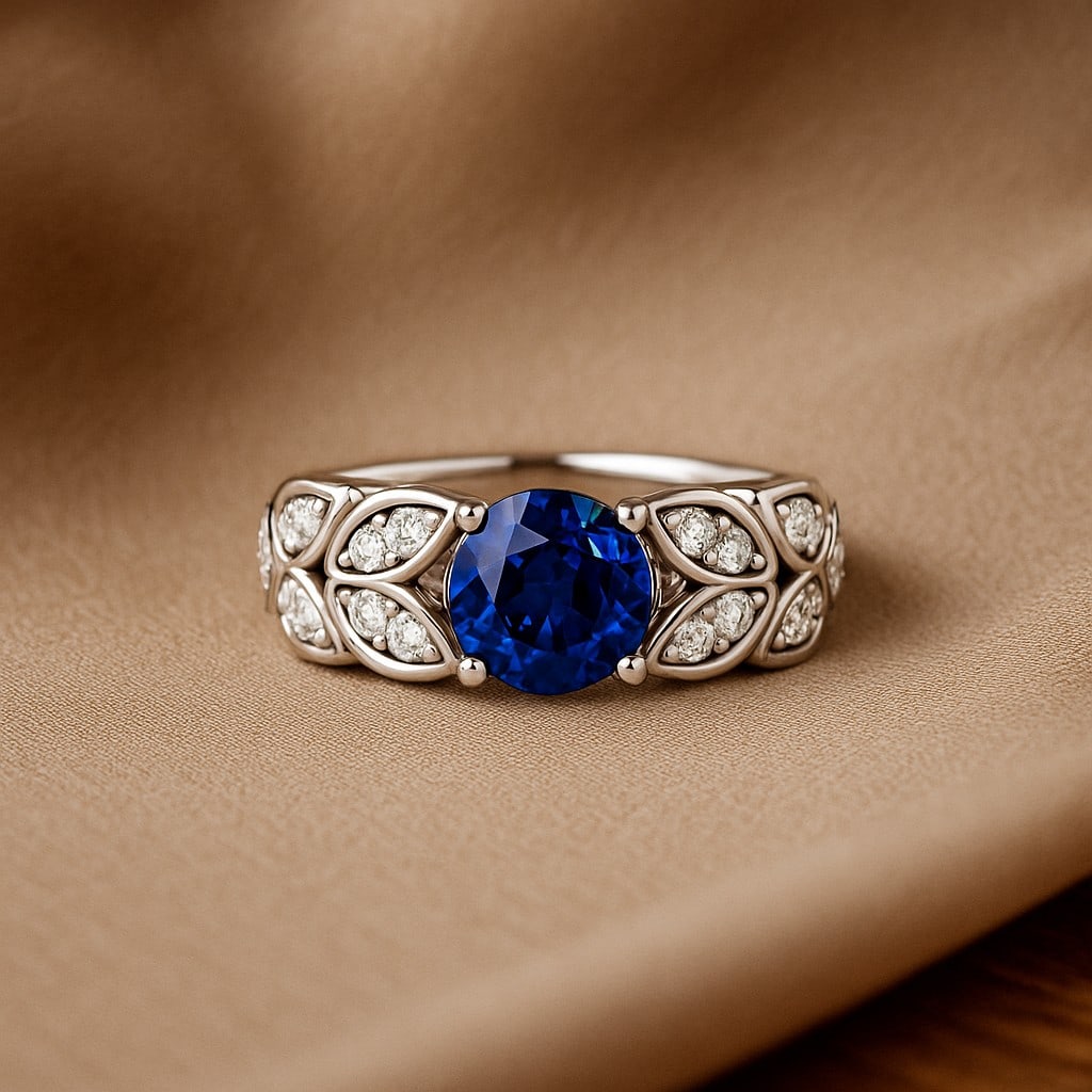 Natural Blue Sapphire Gemstone & Lab Grown Diamonds Silver Ring: Natural Blue Sapphire Gemstone & Lab Grown Diamonds Silver Ring Jewelry Type : Ring Gemstone : Natural Blue Sapphire Gemstone Shape : Round Gemstone Size : 7 MM Gemstone Quantity : 1 Piece D