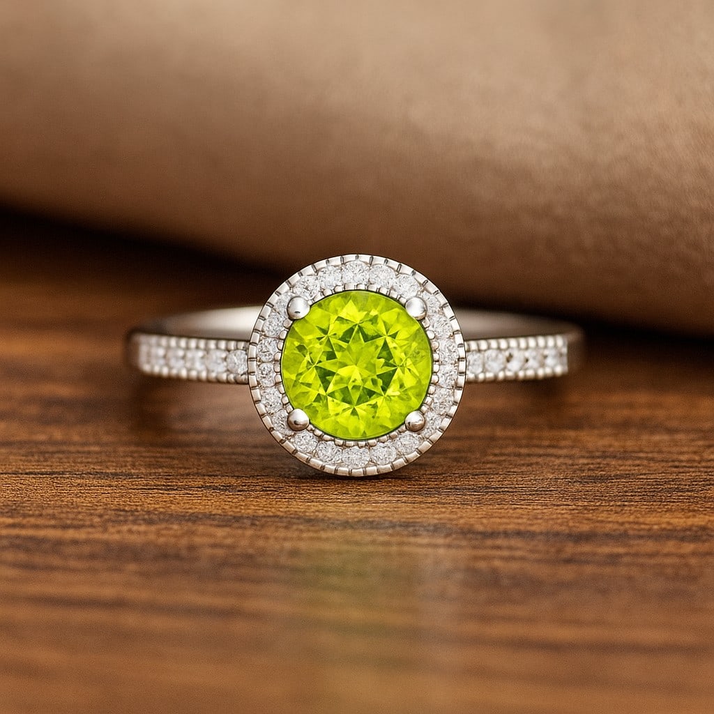 Natural Peridot Gemstone & Lab Grown Diamonds Silver Ring: Natural Peridot Gemstone & Lab Grown Diamonds Silver Ring Jewelry Type : Ring Gemstone : Natural Peridot Gemstone Shape : Round Gemstone Size : 7 MM Gemstone Quantity : 1 Piece Diamond Type