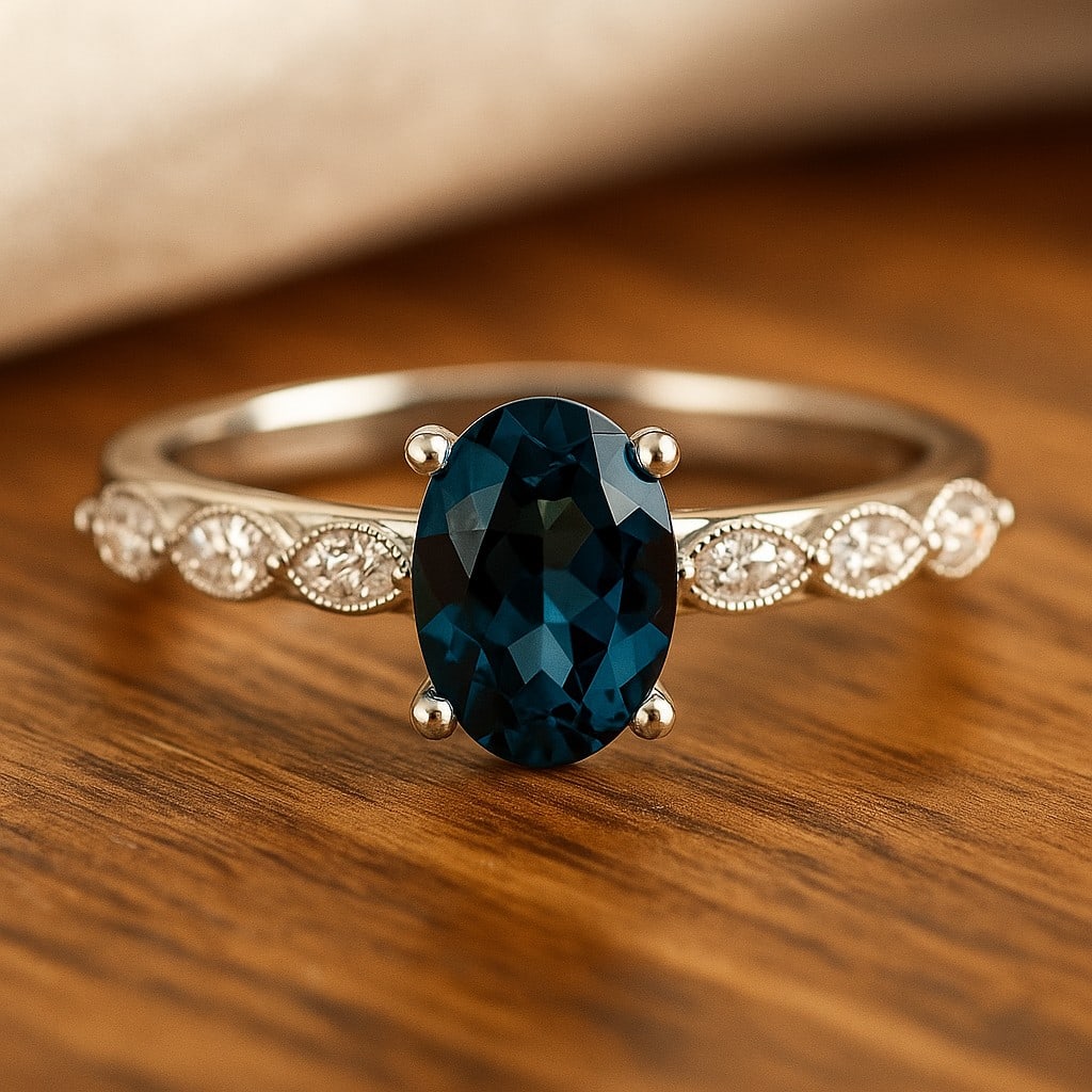 Natural London Blue Topaz Gemstone & Lab Grown Diamonds Silver Ring: Natural London Blue Topaz Gemstone & Lab Grown Diamonds Silver Ring Jewelry Type : Ring Gemstone : Natural London Blue Topaz Gemstone Shape : Oval Gemstone Size : 7x5 MM Gemstone Quantity : 1 Piece