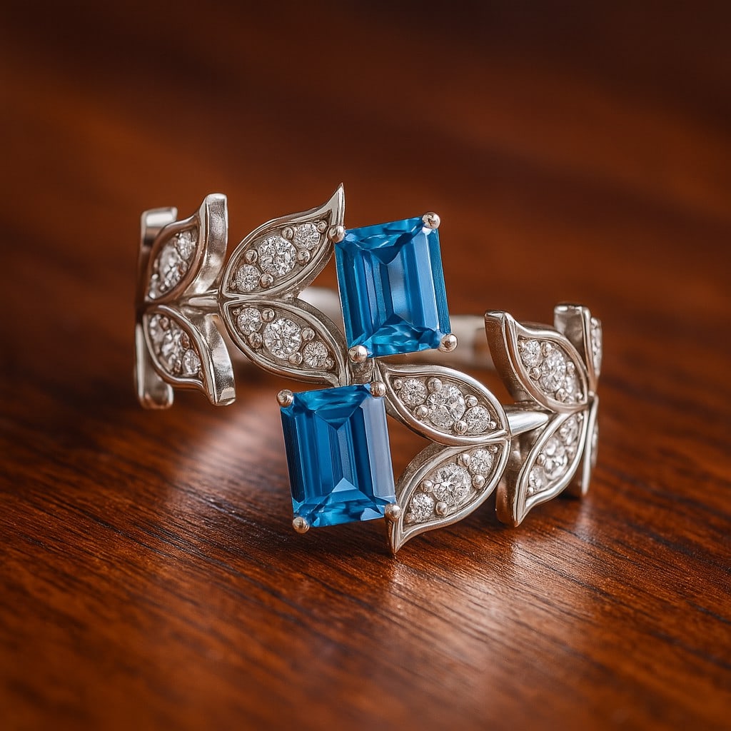 Natural Swiss Blue Topaz Gemstone & Lab Grown Diamonds Silver Ring: Natural Swiss Blue Topaz Gemstone & Lab Grown Diamonds Silver Ring Jewelry Type : Ring Gemstone : Natural Swiss Blue Topaz Gemstone Shape : Emerald Gemstone Size : 5x4 MM Gemstone Quantity : 2 Piec