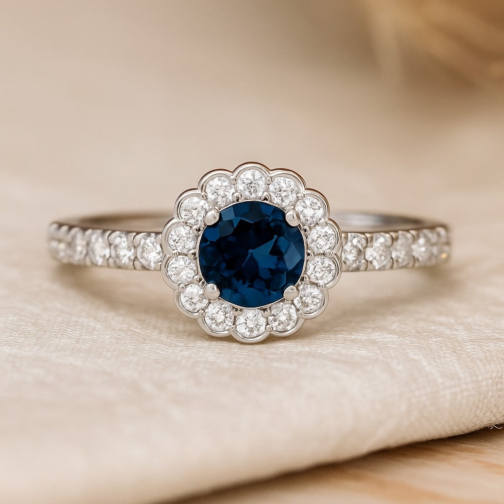 Natural London Blue Topaz Gemstone & Lab Grown Diamonds Silver Ring: Natural London Blue Topaz Gemstone & Lab Grown Diamonds Silver Ring Jewelry Type : Ring Gemstone : Natural London Blue Topaz Gemstone Shape : Round Gemstone Size : 5x5 MM Gemstone Quantity : 1 Piece