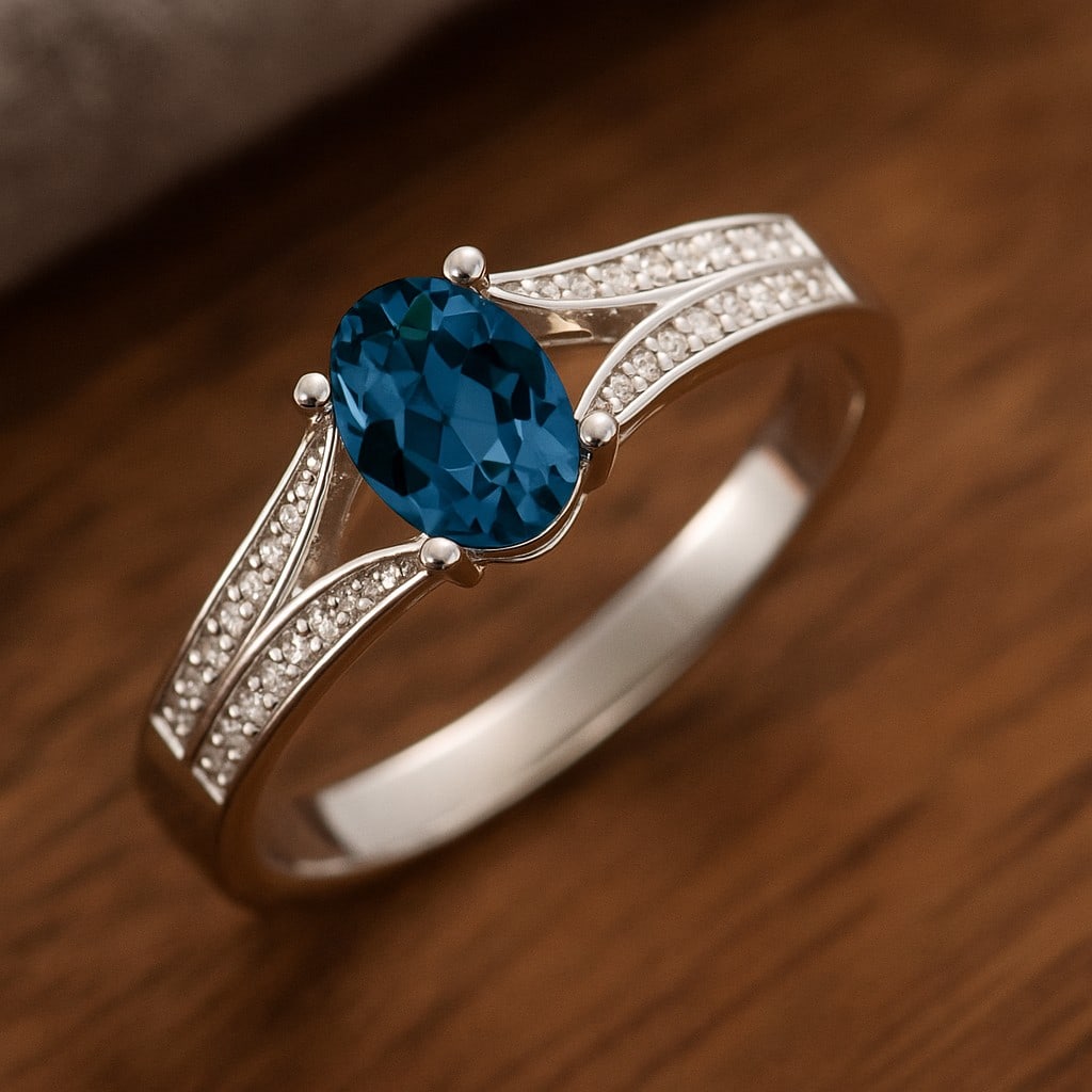 Natural London Blue Topaz Gemstone & Lab Grown Diamonds Silver Ring: Natural London Blue Topaz Gemstone & Lab Grown Diamonds Silver Ring Jewelry Type : Ring Gemstone : Natural London Blue Topaz Gemstone Shape : Oval Gemstone Size : 7x5 MM Gemstone Quantity : 1 Piece