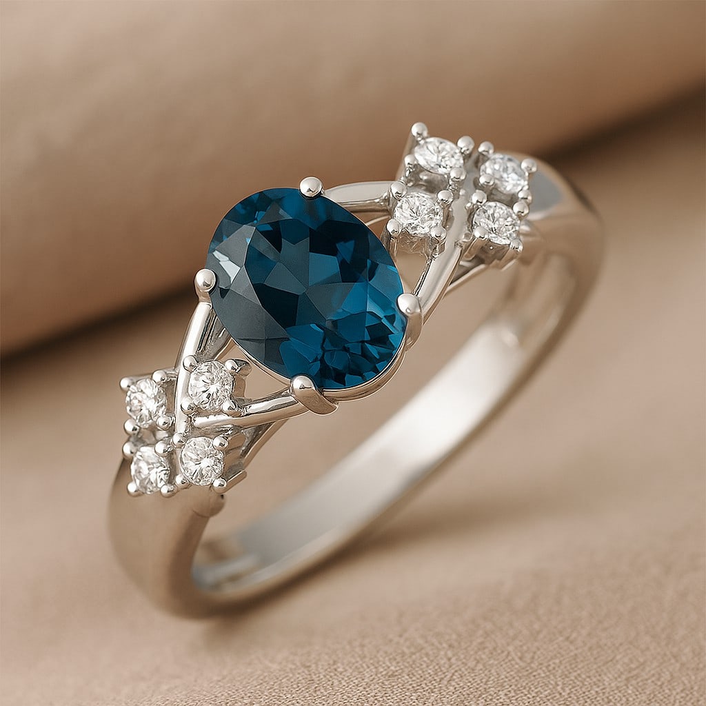 Natural London Blue Topaz Gemstone & Lab Grown Diamonds Silver Ring (1 of 7)