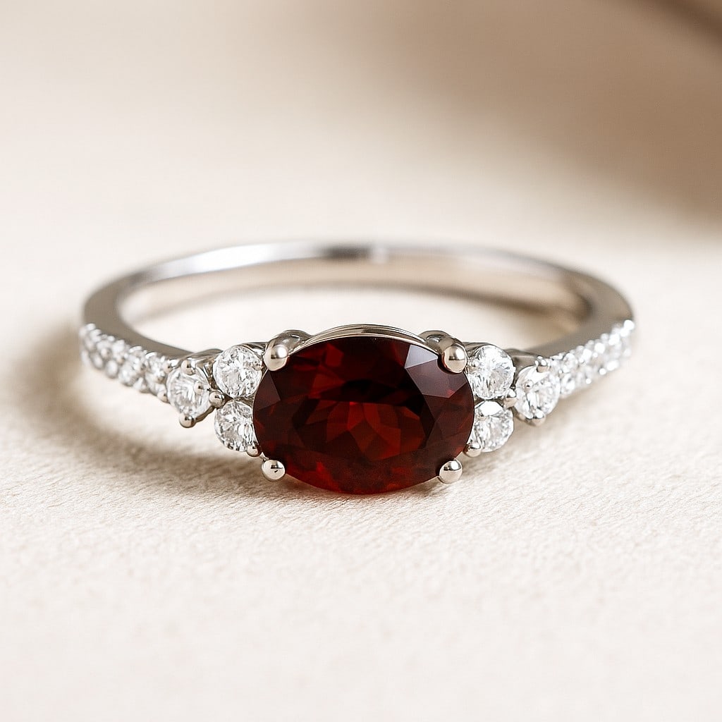 Natural Garnet Gemstone & Lab Grown Diamonds Silver Ring (1 of 7)