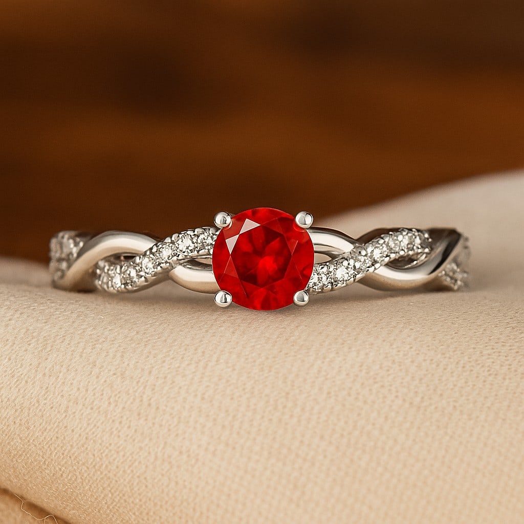 Natural Ruby Gemstone & Lab Grown Diamonds Silver Ring: Natural Ruby Gemstone & Lab Grown Diamonds Silver Ring Jewelry Type : Ring Gemstone : Natural Ruby Gemstone Shape : Round Gemstone Size : 5 MM Gemstone Quantity : 1 Piece Diamond Type : L
