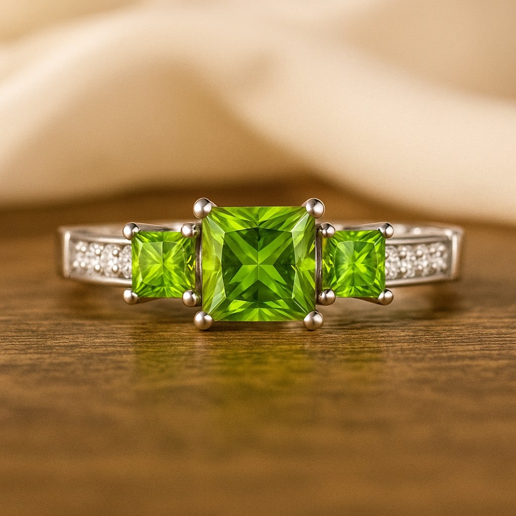 Natural Peridot Gemstone & Lab Grown Diamonds Silver Ring: Natural Peridot Gemstone & Lab Grown Diamonds Silver Ring Jewelry Type : Ring Gemstone : Natural Peridot Gemstone Shape : Princess Gemstone Size : 5 MM, 3MM Gemstone Quantity : 1 Piece, 2 Pieces