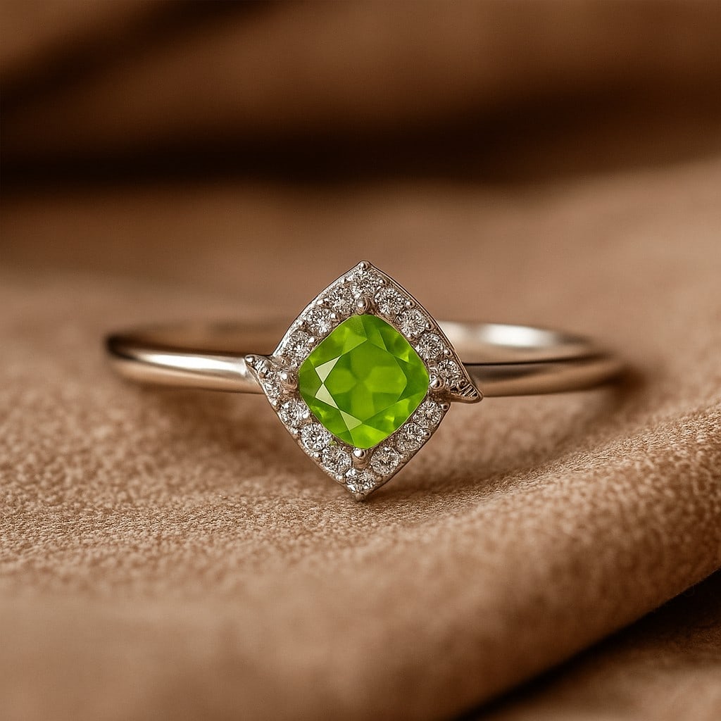 Natural Peridot Gemstone & Lab Grown Diamonds Silver Ring: Natural Peridot Gemstone & Lab Grown Diamonds Silver Ring Jewelry Type : Ring Gemstone : Natural Peridot Gemstone Shape : Cushion Square Gemstone Size : 4 MM Gemstone Quantity : 1 Piece Diam