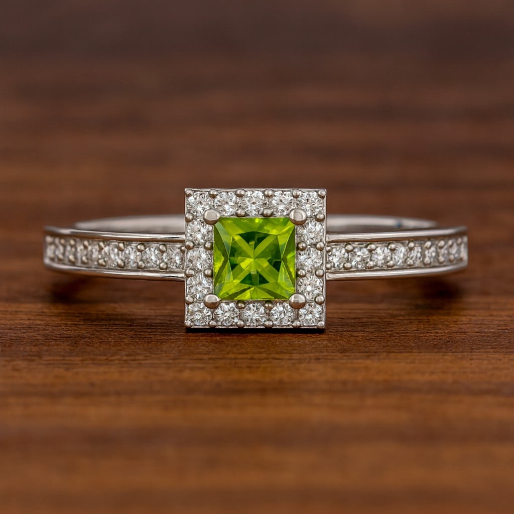 Natural Peridot Gemstone & Lab Grown Diamonds Silver Ring: Natural Peridot Gemstone & Lab Grown Diamonds Silver Ring Jewelry Type : Ring Gemstone : Natural Peridot Gemstone Shape : Princess Gemstone Size : 4 MM Gemstone Quantity : 1 Piece Diamond Type : Lab