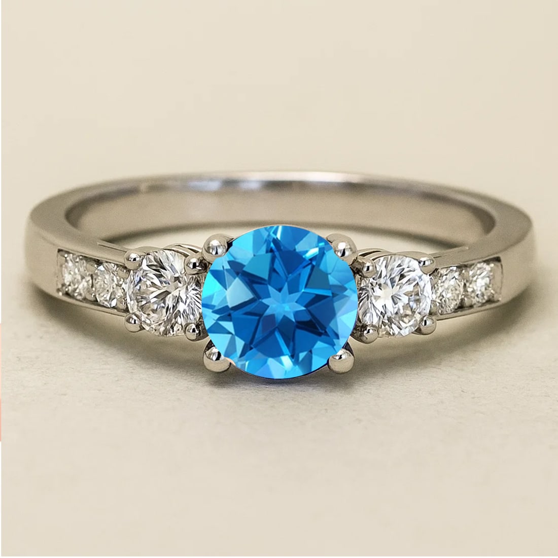 Natural Swiss Blue Topaz Gemstone & Lab Grown Diamonds Silver Ring: Natural Swiss Blue Topaz Gemstone & Lab Grown Diamonds Silver Ring Jewelry Type : Ring Gemstone : Natural Swiss Blue Topaz Gemstone Shape : Round Gemstone Size : 6 MM Gemstone Quantity : 1 Piece
