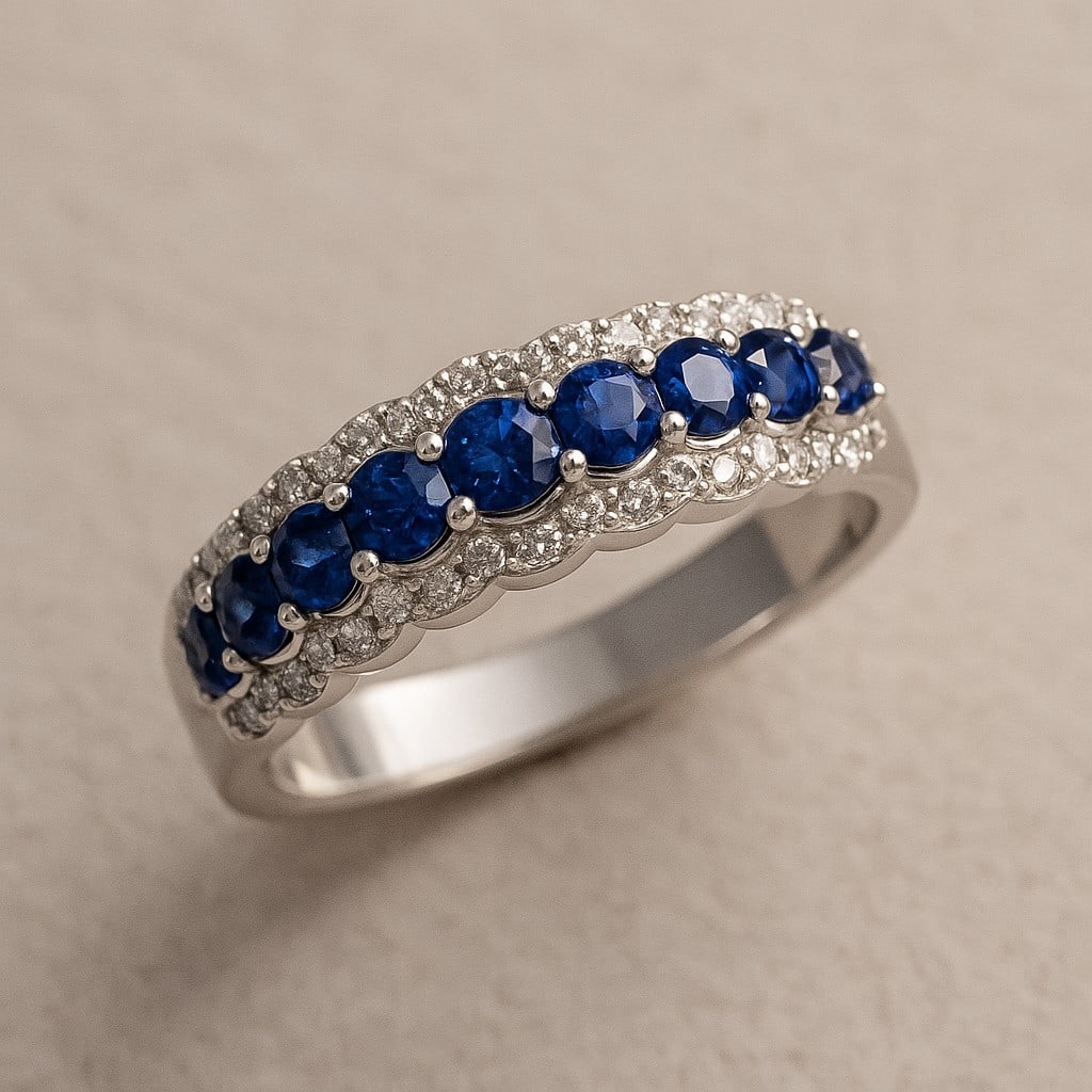 Natural Blue Sapphire Gemstone & Lab Grown Diamonds Silver Ring (1 of 7)