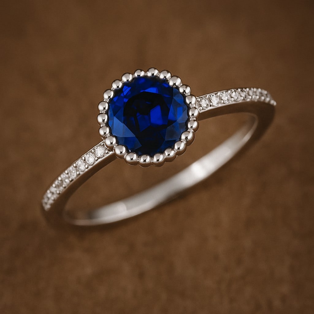Natural Blue Sapphire Gemstone & Lab Grown Diamonds Silver Ring: Natural Blue Sapphire Gemstone & Lab Grown Diamonds Silver Ring Jewelry Type : Ring Gemstone : Natural Blue Sapphire Gemstone Shape : Round Gemstone Size : 7 MM Gemstone Quantity : 1 Piece Diamond
