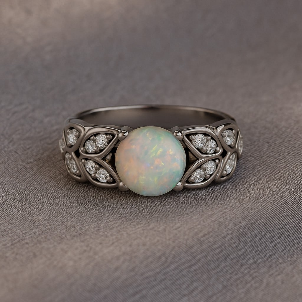 Natural Opal Gemstone & Lab Grown Diamonds Silver Ring (1 of 6)