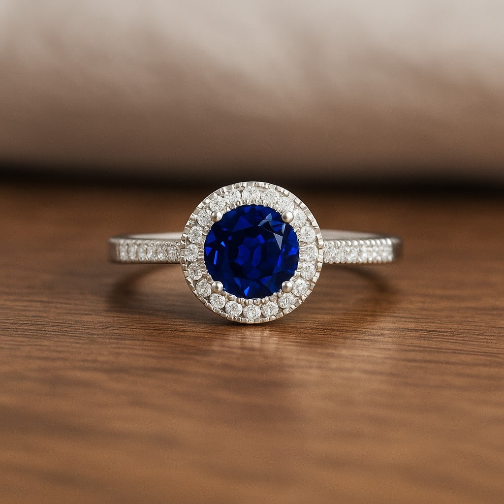 Natural Blue Sapphire Gemstone & Lab Grown Diamonds Silver Ring: Natural Blue Sapphire Gemstone & Lab Grown Diamonds Silver Ring Jewelry Type : Ring Gemstone : Natural Blue Sapphire Gemstone Shape : Round Gemstone Size : 7 MM Gemstone Quantity : 1 Piece D