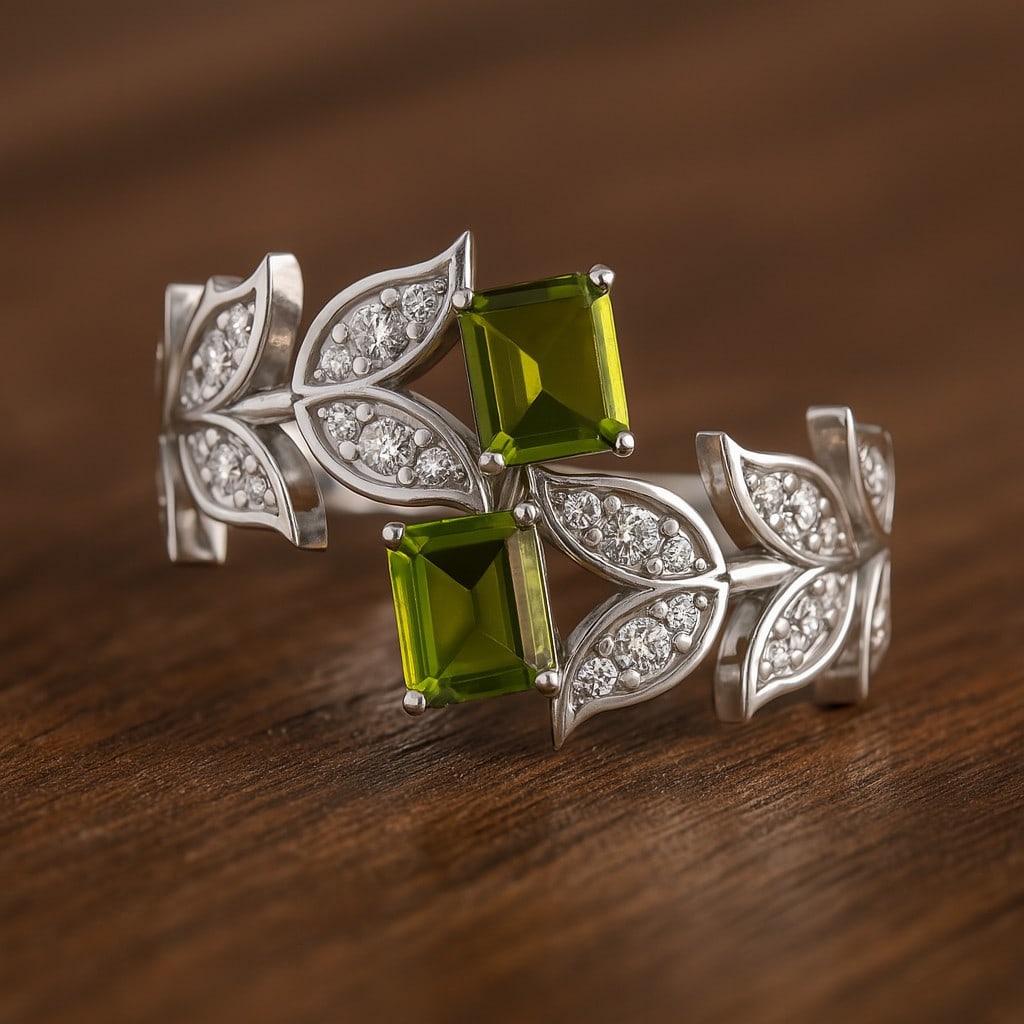 Natural Peridot Gemstone & Lab Grown Diamonds Silver Ring: Natural Peridot Gemstone & Lab Grown Diamonds Silver Ring Jewelry Type : Ring Gemstone : Natural Peridot Gemstone Shape : Emerald Gemstone Size : 5x4 MM Gemstone Quantity : 2 Pieces Diamond Type :