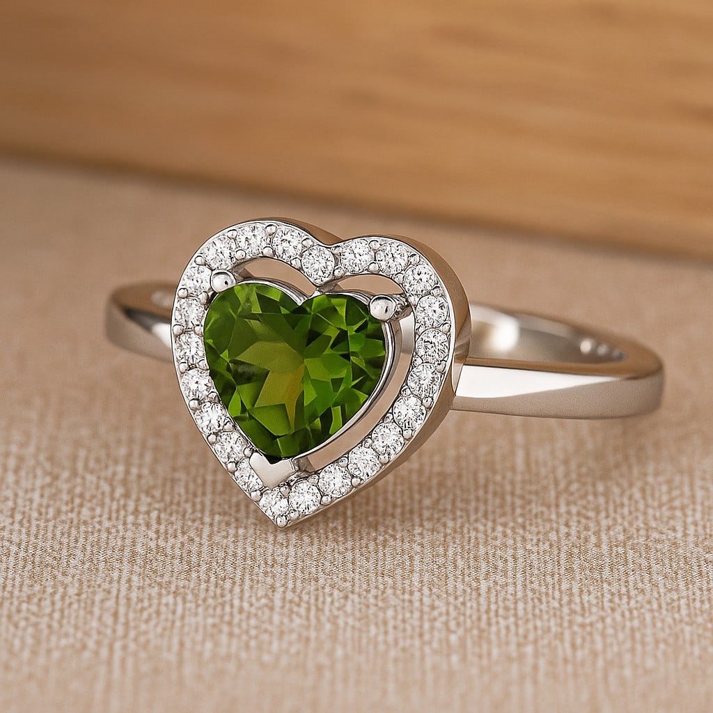 Natural Peridot Gemstone & Lab Grown Diamonds Silver Ring: Natural Peridot Gemstone & Lab Grown Diamonds Silver Ring Jewelry Type : Ring Gemstone : Natural Peridot Gemstone Shape : Heart Gemstone Size : 6 MM Gemstone Quantity : 1 Piece Diamond Type