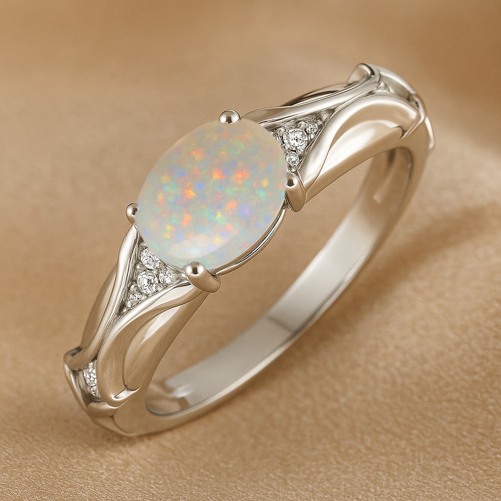 Natural Opal Gemstone & Lab Grown Diamonds Silver Ring (1 of 7)
