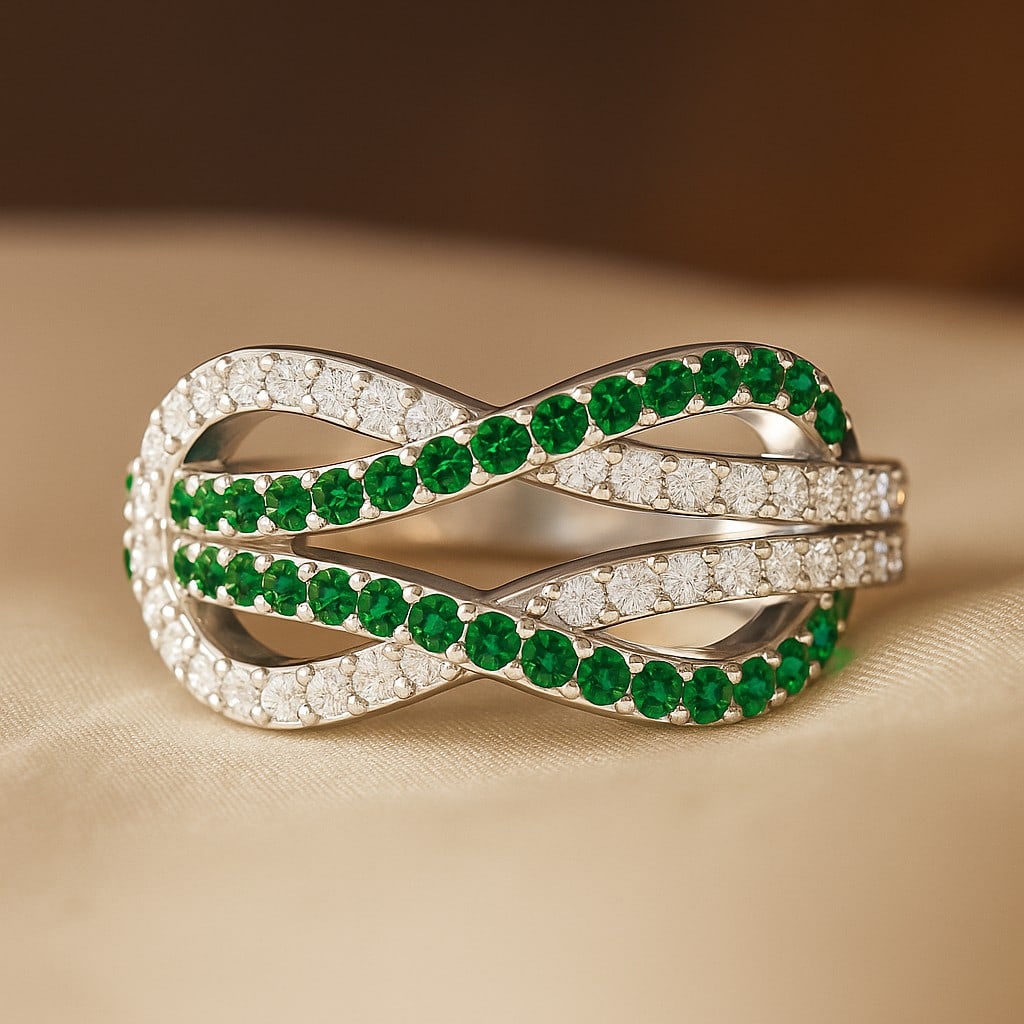 Lab Grown Emerald & Diamonds Silver Ring: Lab Grown Emerald & Diamonds Silver Ring Jewelry Type : Ring Gemstone : Lab Grown Emerald Gemstone Shape : Round Gemstone Size : 1.4 MM, 1.3MM, 1.1 MM Gemstone Quantity : 36,1 , 1 Pieces Dia