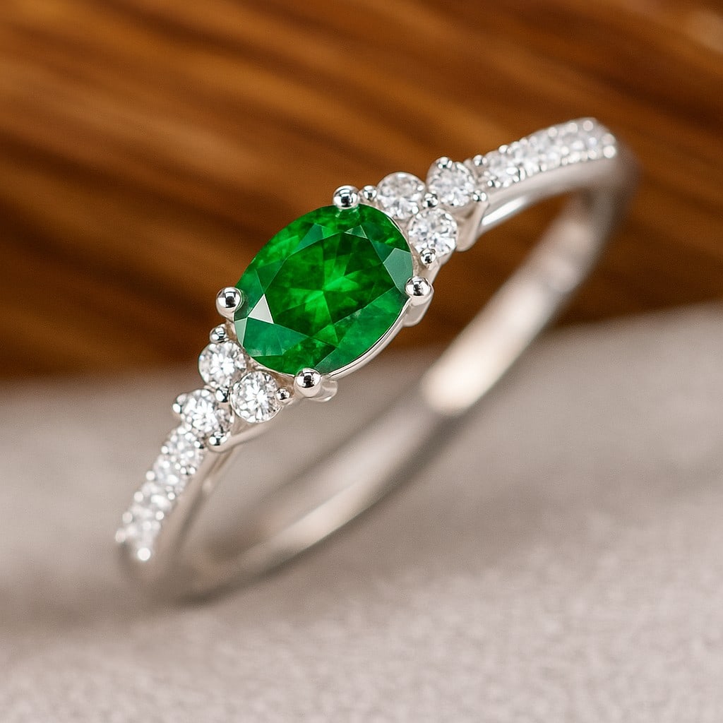 Lab Grown Emerald & Diamonds Silver Ring: Lab Grown Emerald & Diamonds Silver Ring Jewelry Type : Ring Gemstone : Lab Grown Emerald Gemstone Shape : Oval Gemstone Size : 7x5 MM Gemstone Quantity : 1 Piece Diamond Type : Lab Grown