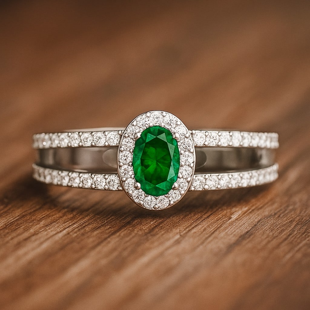 Lab Grown Emerald & Diamonds Silver Ring: Lab Grown Emerald & Diamonds Silver Ring Jewelry Type : Ring Gemstone : Lab Grown Emerald Gemstone Shape : Oval Gemstone Size : 6x4 MM Gemstone Quantity : 1 Piece Diamond Type : Lab Grown