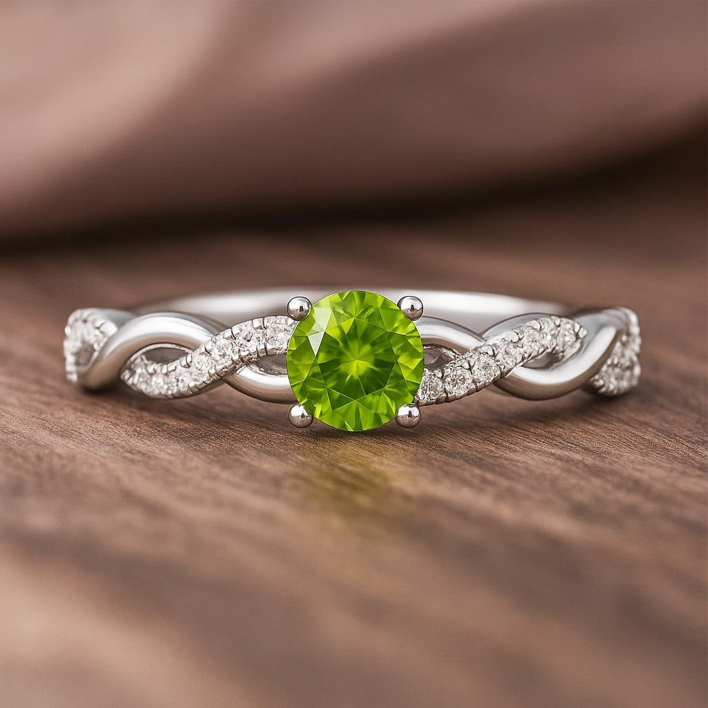 Natural Peridot Gemstone & Lab Grown Diamonds Silver Ring: Natural Peridot Gemstone & Lab Grown Diamonds Silver Ring Jewelry Type : Ring Gemstone : Natural Peridot Gemstone Shape : Round Gemstone Size : 5 MM Gemstone Quantity : 1 Piece Diamond Type