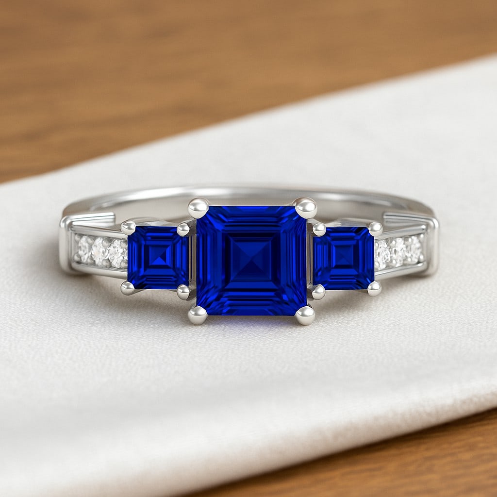 Natural Blue Sapphire Gemstone & Lab Grown Diamonds Silver Ring: Natural Blue Sapphire Gemstone & Lab Grown Diamonds Silver Ring Jewelry Type : Ring Gemstone : Natural Blue Sapphire Gemstone Shape : Princess Gemstone Size : 5 MM, 3MM Gemstone Quantity : 1 Piece,