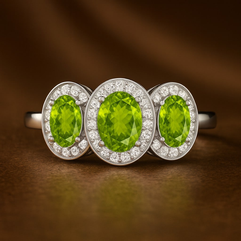 Natural Peridot Gemstone & Lab Grown Diamonds Silver Ring (1 of 7)