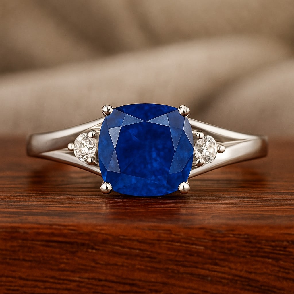 Natural Blue Sapphire Gemstone & Lab Grown Diamonds Silver Ring: Natural Blue Sapphire Gemstone & Lab Grown Diamonds Silver Ring Jewelry Type : Ring Gemstone : Natural Blue Sapphire Gemstone Shape : Cushion Square Gemstone Size : 8 MM Gemstone Quantity : 1 Piece