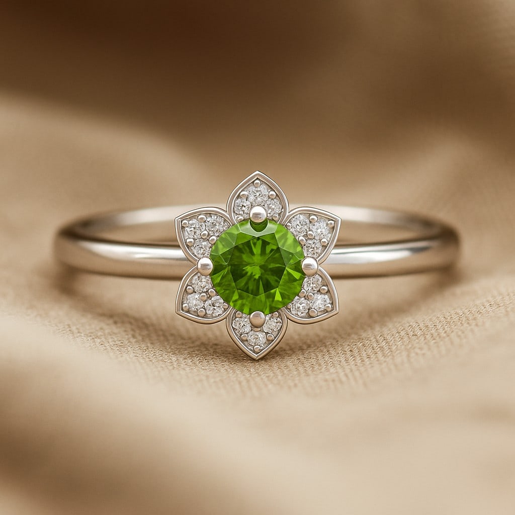 Natural Peridot Gemstone & Lab Grown Diamonds Silver Ring: Natural Peridot Gemstone & Lab Grown Diamonds Silver Ring Jewelry Type : Ring Gemstone : Natural Peridot Gemstone Shape : Round Gemstone Size : 5 MM Gemstone Quantity : 1 Piece Diamond Type