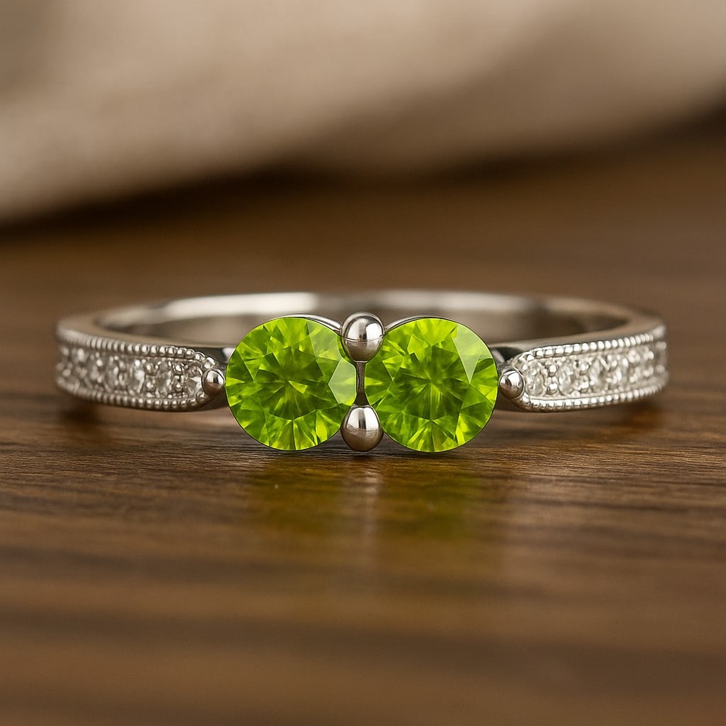 Natural Peridot Gemstone & Lab Grown Diamonds Silver Ring: Natural Peridot Gemstone & Lab Grown Diamonds Silver Ring Jewelry Type : Ring Gemstone : Natural Peridot Gemstone Shape : Round Gemstone Size : 4 MM Gemstone Quantity : 2 Pieces Diamond Type